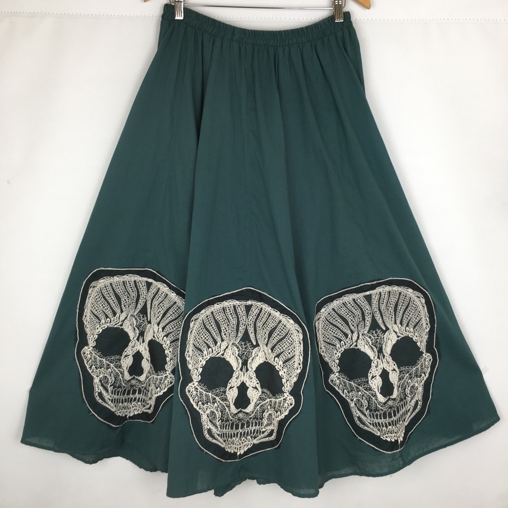 Emerald Green Maxi Skirt Skull Lace Appliqué Cream Gauze Peasant Top Rockabilly - Picture 5 of 15